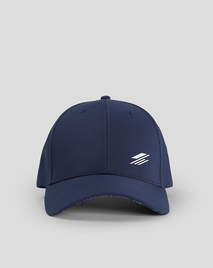 Front view of navy cap with a white logo on the right side of the front panel