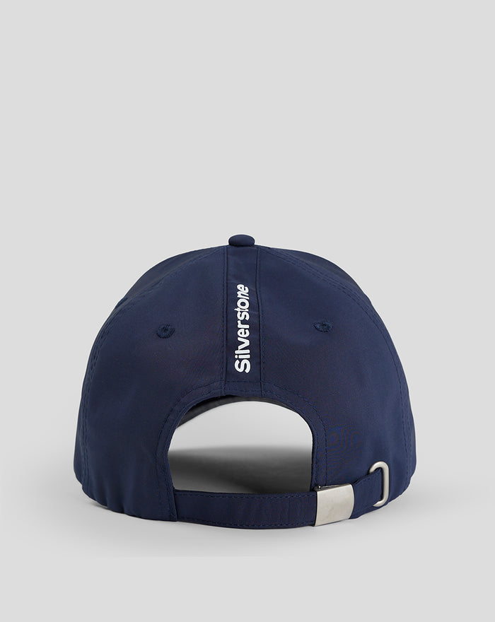 Back view of navy cap featuring an adjustable strap and silver buckle