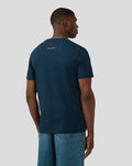 Back view of a man wearing the Black Iris coordinate graphic T-shirt with a small pink Silverstone logo on the upper back.