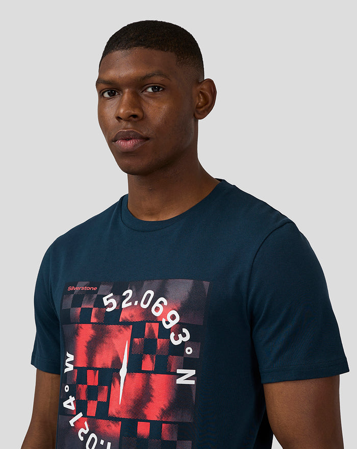 Front view of a male model wearing a navy Coordinate Graphic T-Shirt with a bold red and white geometric print on the chest.