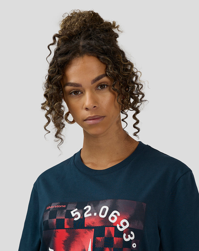 Front view of a woman wearing Black Iris Coordinate Graphic T-Shirt with a large red and black graphic on the chest.